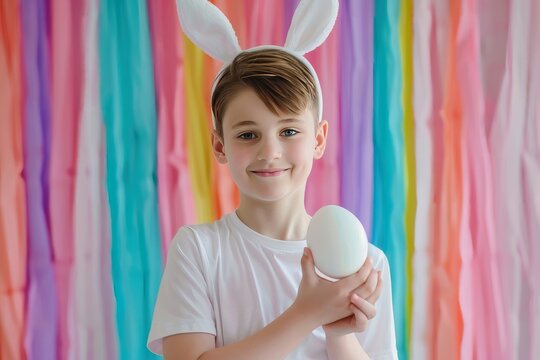 A charming young boy wearing bunny ears, holding an Easter egg against a colorful background.
