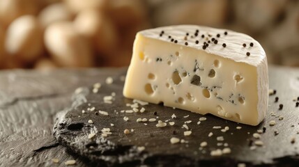 Tempting image of a delicious cheese presented on a sleek black tabletop, copy space for text