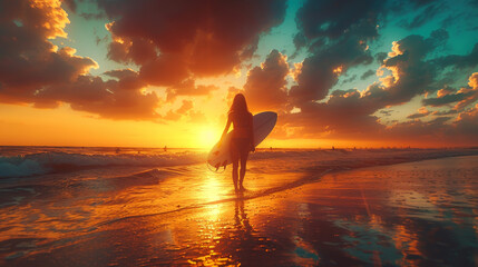 Silhouette of a Female Surfer with Board Watching Sunset on the Beach