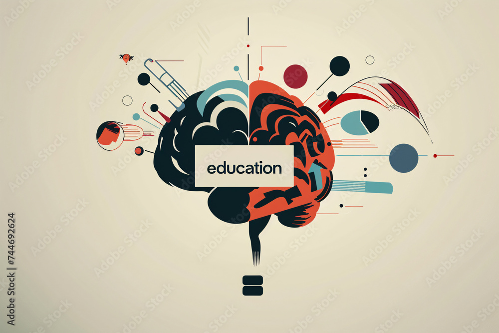 Poster stylized brain with educational elements and abstract design