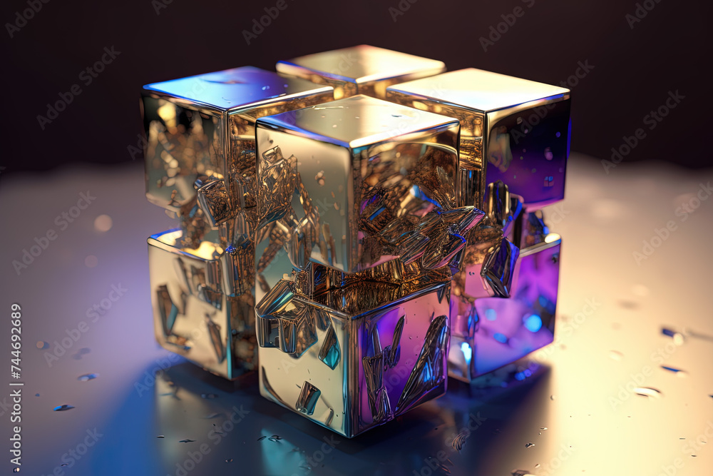 Poster Ethereal geometric sculpture with a cube shape. Shiny crystal cube structure with vibrant colors in vaporwave and y2k style.
