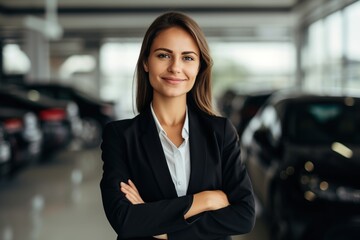 Confident female sales associate posing in a modern car showroom, representing professionalism and trust - obrazy, fototapety, plakaty