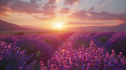 A stunning landscape capturing the beauty of a lavender field at sunset in summer