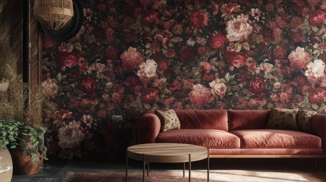 a bordo colour wallpaper with dark flowers
