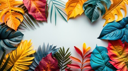 A vibrant display featuring colorful tropical leaves set against a white backdrop