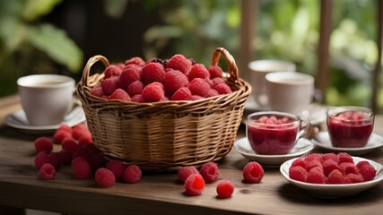 A basket of raspberries is placed on a table, with several cups filled with raspberry desserts nearby. The cups are accompanied by leaves and stems from the berries, adding to the presentation. There  - obrazy, fototapety, plakaty