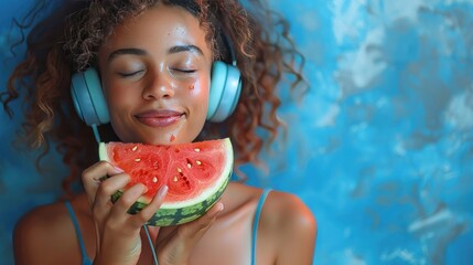 chic woman in headphones enjoying music, playfully sending a kiss while holding a fresh slice of...