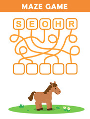 Word maze worksheet for kids with cute horse illustration. Labyrinth game for preschool children. Fun spelling practice activity.