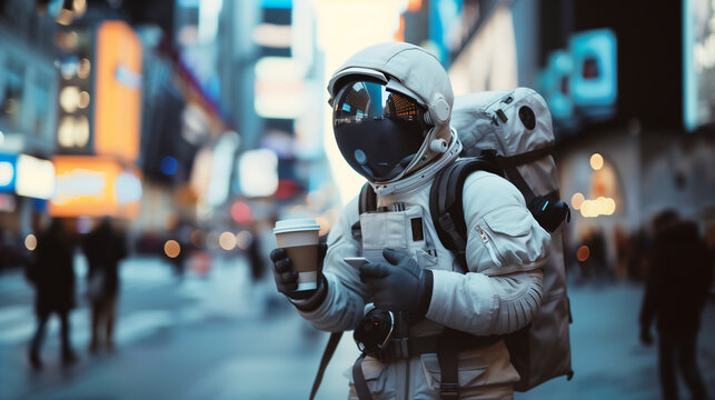 Astronaut Wandering in a Busy Urban Street with Coffee, a Contrast of Space Exploration and Urban Life