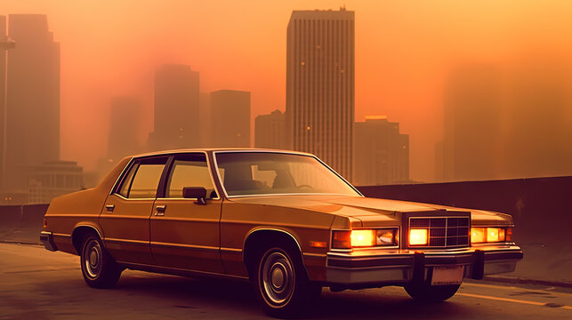 Expesive retro car in 70s style on the urban street with orange sky.