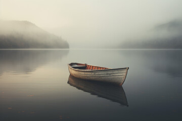 A empty canoe sits alone on a quiet lake.