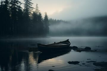 A canoe sits on a misty lake, early morning sun peaks over the trees.