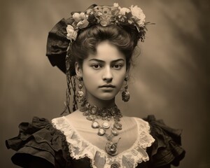 Vintage Portrait of Young Spanish Noblewoman Black and White Photography