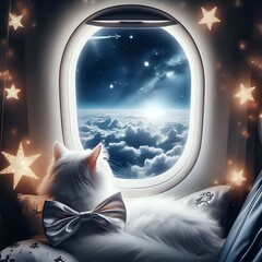 Woman looks out the window of an airplane. Hand near the porthole. Girl on the plane generative ai. Airplane wing, scenic view. Beautiful cloud, night sky. Traveling by plane, adventure. Air transport