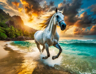 white horse galloping on tropic beach at sunset