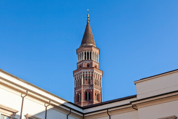 The octagonal bell tower of the catholic Church of San Gottardo in Navigli district of Milan, in northern Italy, Europe.