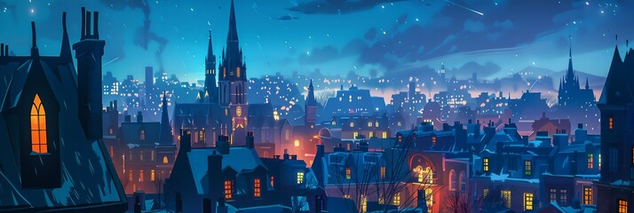 Night City Landscape Background Panorama Concept Drawing image HD Print 15232x5120 pixels. Neo Game Art V10 31