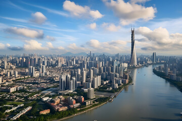 Fototapeta na wymiar Fusion of Tradition and Modernity: Breath-Taking Aerial View of Inspiring Guangzhou Cityscape Against the Canvas of The Sky
