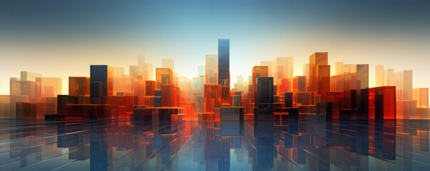 Fototapeta na wymiar Urban Glow: A Modern Cityscape Silhouette against a Sunset Skyline, with Skyscrapers, Futuristic Architecture, and Abstract Light Reflections