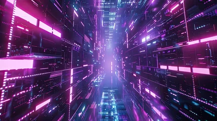 Schilderijen op glas Retro cyberpunk style background. Sci-Fi background. Neon light grid landscapes. 80s, 90s. banner design. city and skyscrapers with neon futuristic technology background  © Ilmi
