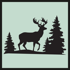 Christmas card with deer, deer black Silhouette vector