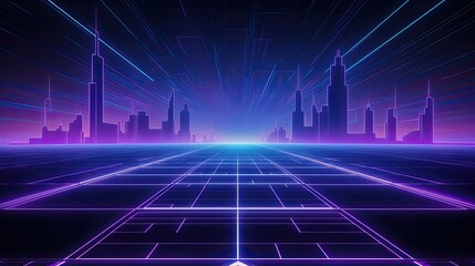 Retro cyberpunk style background. Sci-Fi background. Neon light grid landscapes. 80s, 90s. banner design. city and skyscrapers with neon futuristic technology background 