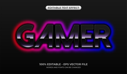 Glowing neon futuristic gamer text effect. Editable glossy jet-black graphic styles. 3d gamer font mockup with red and blue gradient neon color © AF DigitalArtStudio