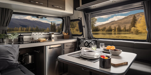 The interior design of RV camper van features a kitchen with a table, a countertop, kitchen appliances, and a window for a cozy dining experience. - obrazy, fototapety, plakaty