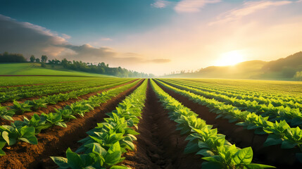 Agricultural plantation in field agricultural landscape, green growing plants