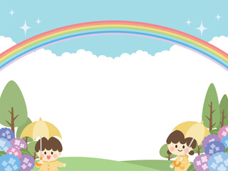 Obraz na płótnie Canvas 梅雨_子供と虹と紫陽花の背景フレーム