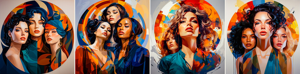 A painting depicting three women in dreamy compositions. Faces facing in a circle create a unique and captivating aesthetic. Ideal for adding whimsy to any space or project. - Powered by Adobe