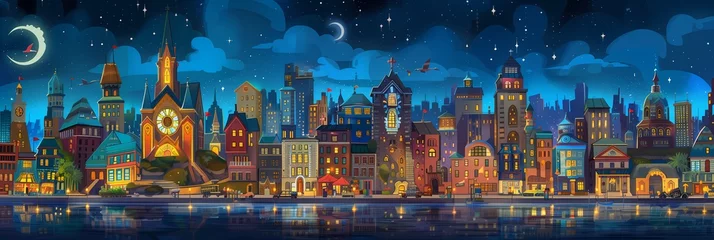 Foto op Canvas Night City Landscape Background Panorama Concept Drawing image HD Print 15232x5120 pixels. Neo Game Art V10 8 © Neo Game Art