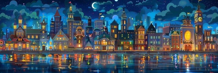 Night City Landscape Background Panorama Concept Drawing image HD Print 15232x5120 pixels. Neo Game...