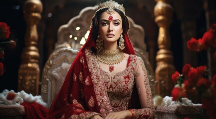 Luxurious Pakistani Bride in Traditional Wedding Attire at Grand Mughal Palace Fine Art Photography