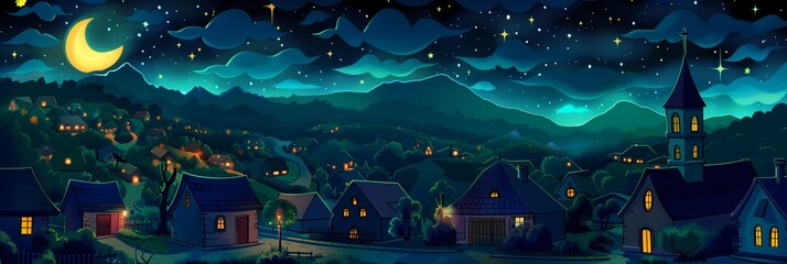 Obraz premium Night City Landscape Background Panorama Concept Drawing image HD Print 15232x5120 pixels. Neo Game Art V10 2