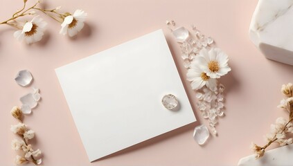 Get lost in the beauty of this creative stationery mockup, featuring a white square card and a large circle sticker, surrounded by stunning white quartz crystals and delicate dried flowers.