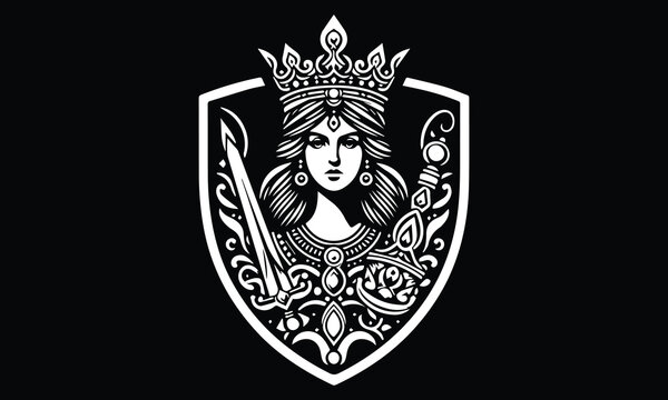 Shield with queen, sword, crown logo design, gaming logo design 