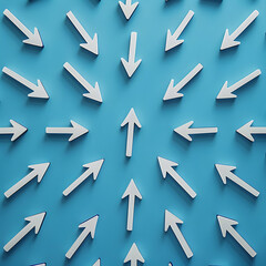 Many arrows pointing in different directions with arrows in the middle forming straight path over blue background, solution, career, plan or success concept