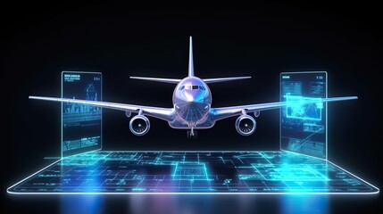 digital hologram of Modern Technology Airplane on laptop Screen