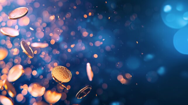 Flying gold coins with bokeh background