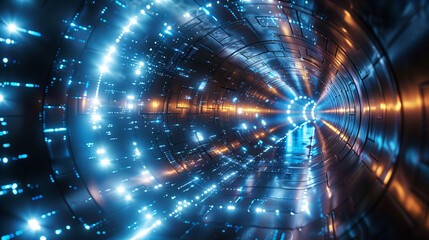 Futuristic data tunnel with blue neon lights