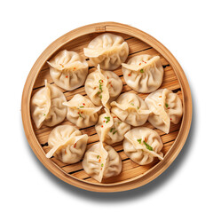 Chinese dumplings in bamboo steamer isolated on transparent or white background, png
