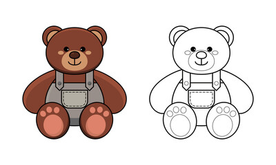 Outlined Cute Cartoon Teddy Bear Coloring Page Vector Illustration Isolated on White Background