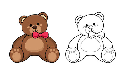 Outlined Cute Cartoon Teddy Bear Coloring Page Vector Illustration Isolated on White Background