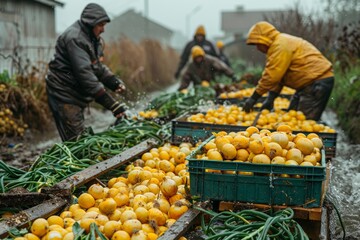 Vibrant yellow raincoats stand out against the natural backdrop as a group of individuals harvest...