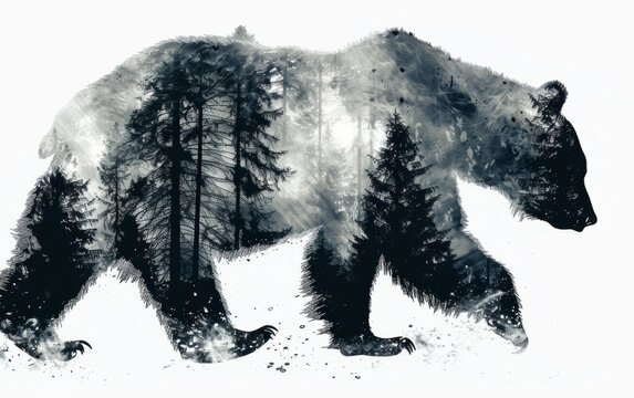 black and white silhouette of a large black bear in forest Generative AI