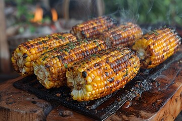 Amidst the outdoor scenery, a cluster of sweet corn on the cob awaits to be devoured, their plump kernels bursting with deliciousness - obrazy, fototapety, plakaty