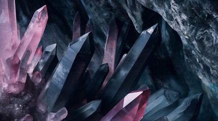 black and pink quartz crystal in a cave - obrazy, fototapety, plakaty