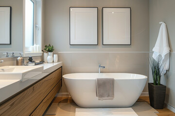 Fototapeta na wymiar Interior of modern bathroom with white bathtub.
