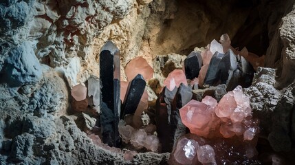 black and pink quartz crystal in a cave - obrazy, fototapety, plakaty